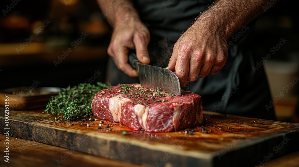 A chef slicing raw meat on a wooden cutting board with herbs. A chef slicing raw meat on a wooden cutting board with herbs.