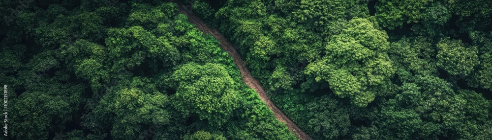 Aerial View of a Lush Green Forest with a Winding Path Cutting Through Dense Foliage Aerial View of a Lush Green Forest with a Winding Path Cutting Through Dense Foliage