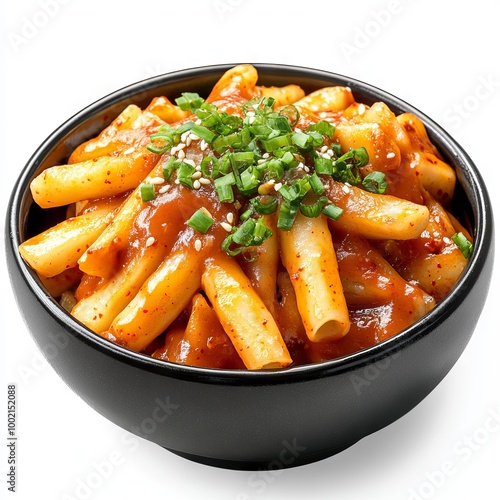 Tokbokki korean traditional food on black bowl isolated on white background. photo