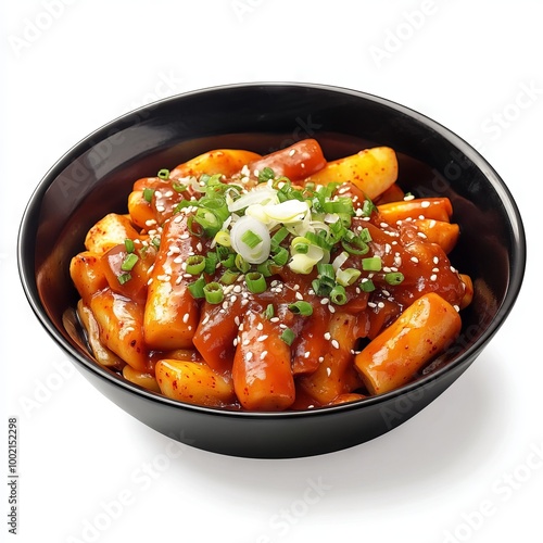 Tokbokki korean traditional food on black bowl isolated on white background. photo