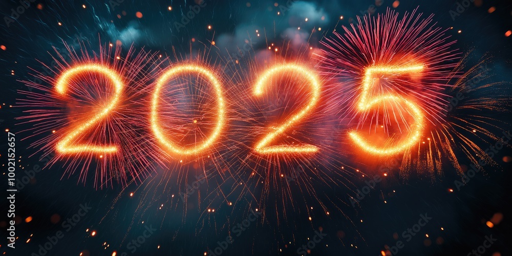 Explosive fireworks burst in the night sky forming the number 2025