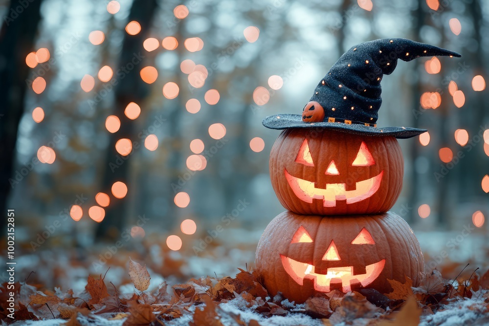 Naklejka premium Halloween pumpkins in a festive fall setting with vibrant leaves.