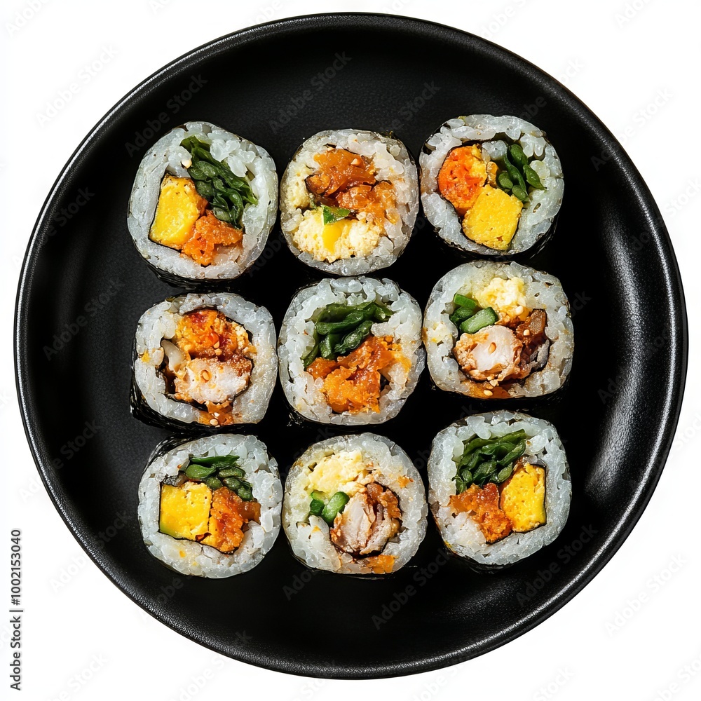 Korean gimbap on black plate isolated on white background. Korean gimbap on black plate isolated on white background.