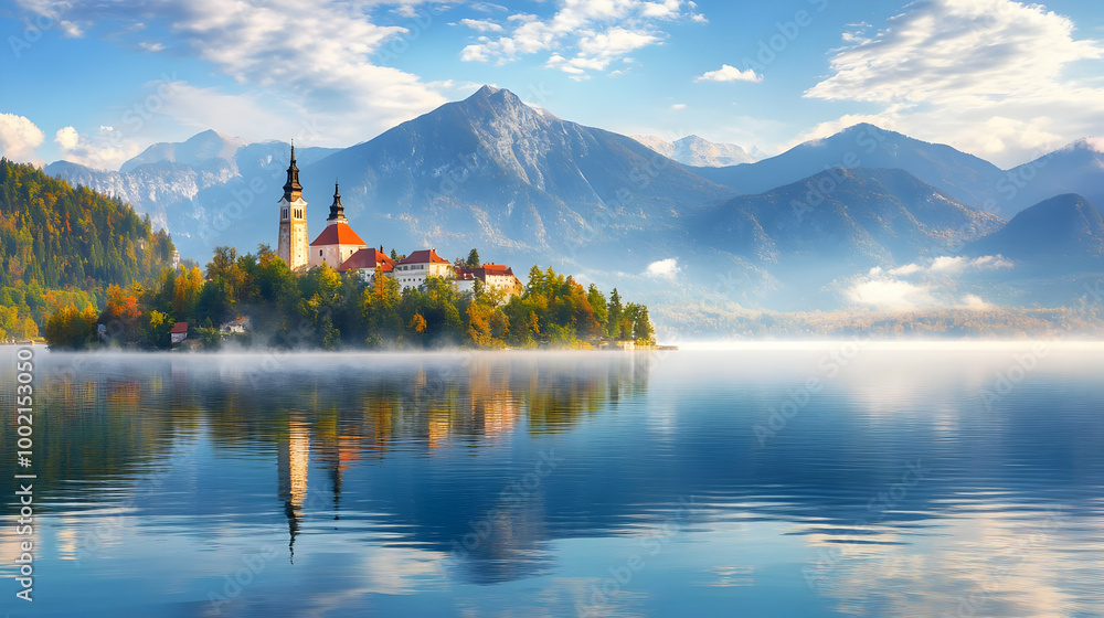Serene Lake Landscape with Church and Mountains Serene Lake Landscape with Church and Mountains