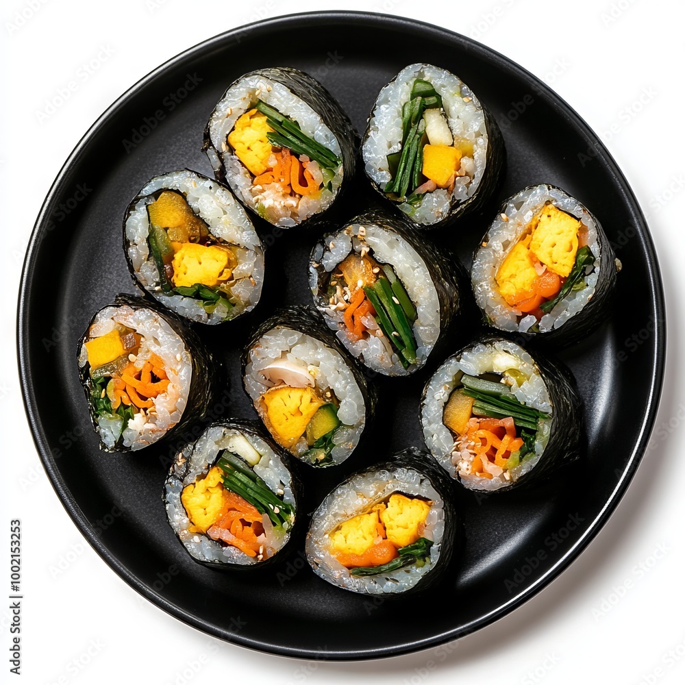 Korean gimbap on black plate isolated on white background. Korean gimbap on black plate isolated on white background.