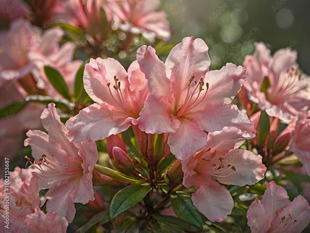 Delicate Pink Rhododendron Flowers with Green Leaves in Sunlight Delicate Pink Rhododendron Flowers with Green Leaves in Sunlight