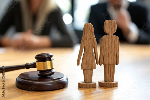 Courtroom scene with gavel and couple figures, representing legal decisions.