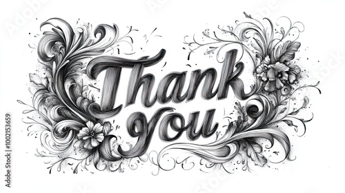 A black and white drawing of the word "Thank You" in calligraphy style, surrounded by swirling patterns and flourishes.