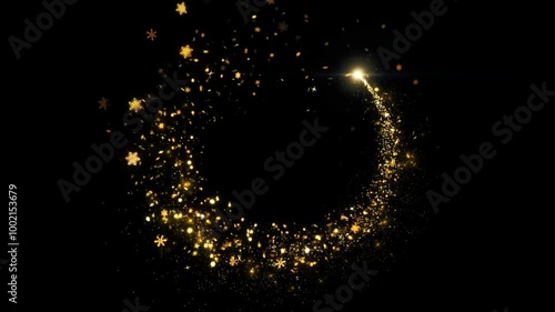 Gold glittering star dust trail sparkling particles black background. Space Golden flying particles. Shining Magic Light. Fairy Tail Glitter Particles Sparkling Glitter Trail Particle Awards 4K 3D