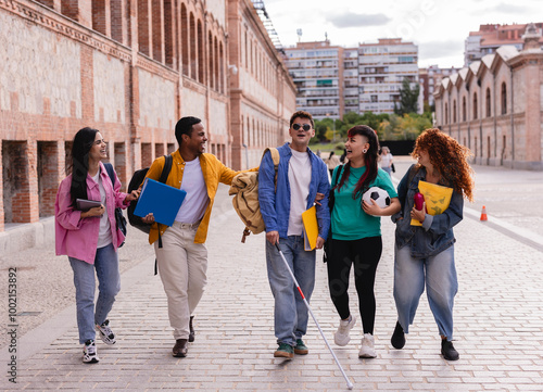 Fotografie Diverse Group of College Students Walking Outdoors and Laughing