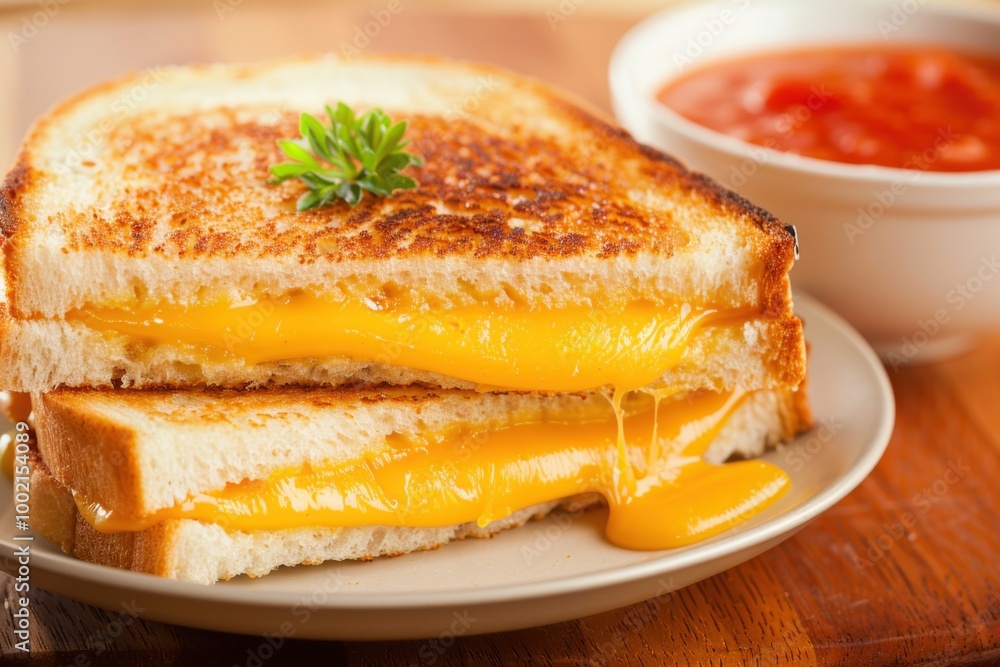 A delicious grilled cheese sandwich with melted cheddar and mozzarella, served with a bowl of tomato soup. Copy space A delicious grilled cheese sandwich with melted cheddar and mozzarella, served with a bowl of tomato soup. Copy space