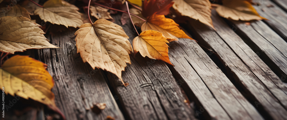 Autumn Leaves on Rustic Wooden Plank Background Autumn Leaves on Rustic Wooden Plank Background