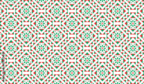 Hmong ethnic pattern. Seamless geometric vector pattern with green and red triangles and graphic flowers. Use in clothing design.