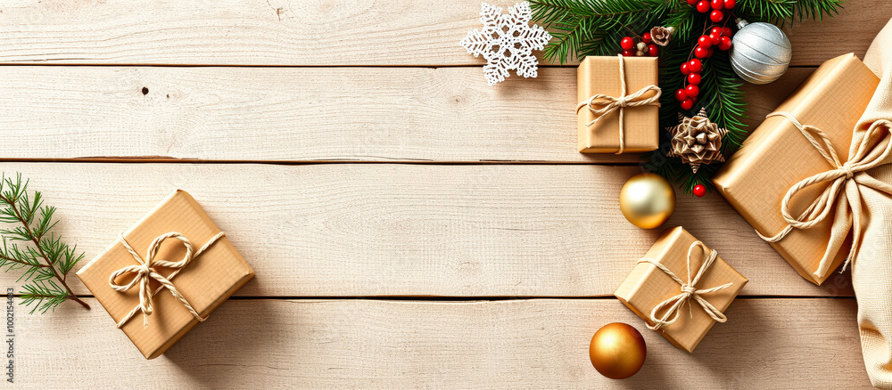 Christmas Presents on a Wooden Background Christmas Presents on a Wooden Background