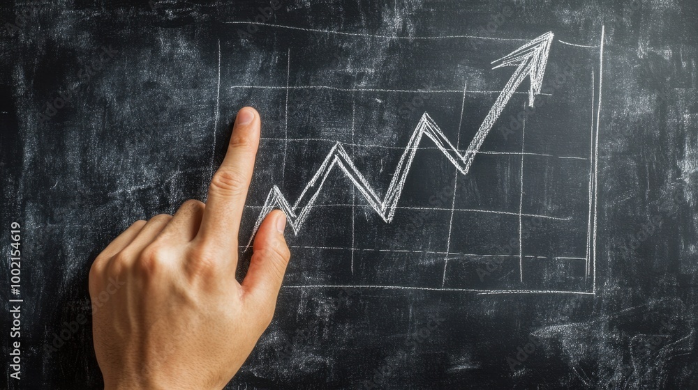 Financial growth chart drawn by fingers on a blackboard, with clear upward arrows and marked profit lines. Financial growth chart drawn by fingers on a blackboard, with clear upward arrows and marked profit lines.