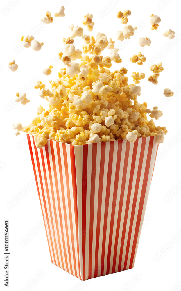 Popcorn flying in the air, popcorn in red strips, Falling popcorn in the box on a transparent background Popcorn flying in the air, popcorn in red strips, Falling popcorn in the box on a transparent background