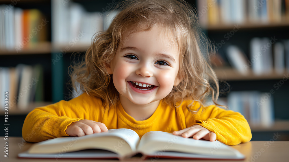 Happy child reading a book, bright indoor setting, cheerful expression. Happy child reading a book, bright indoor setting, cheerful expression.