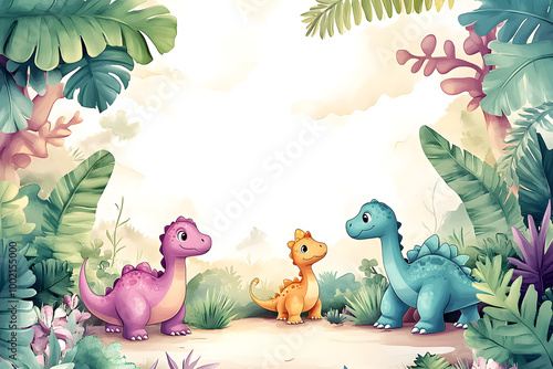 Fototapeta Naklejka Na Ścianę i Meble -  Cute cartoon dinosaur frame border on background in watercolor style.