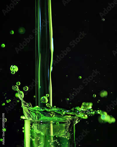 Neon green liquid splashes from glass tube; thin streams, droplets glow against black background.