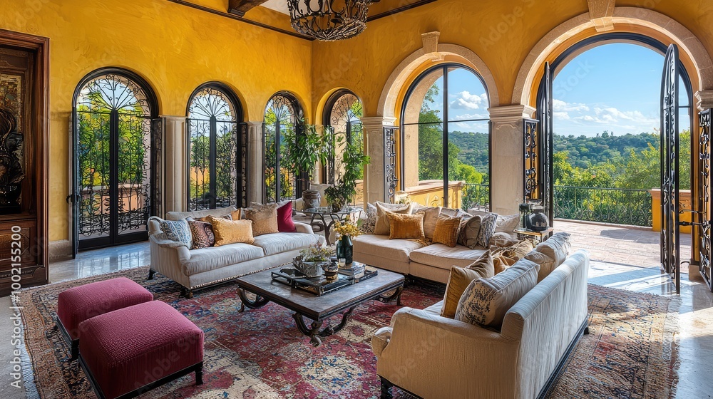 Living room with wrought iron accents, vibrant colors, and arched doorways. Living room with wrought iron accents, vibrant colors, and arched doorways.
