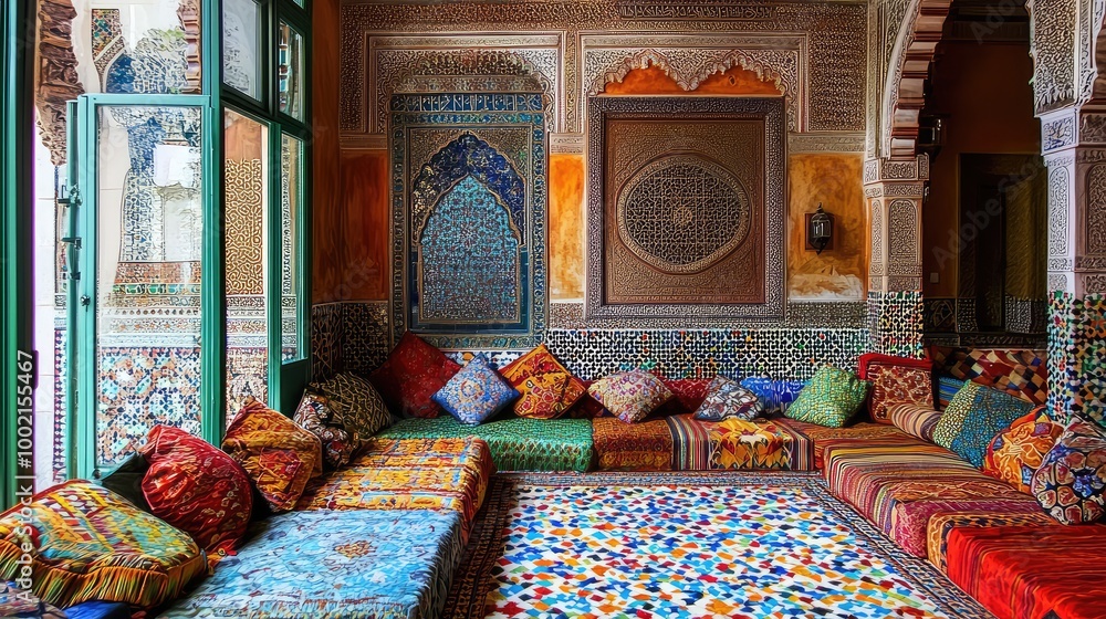 Living room with vibrant colors, mosaic tile patterns, and low, cushioned seating. Living room with vibrant colors, mosaic tile patterns, and low, cushioned seating.