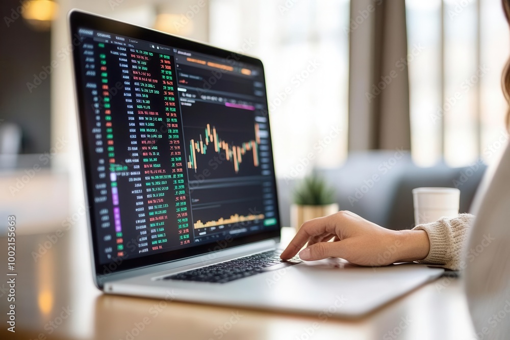 Clean desk with stock market software running, person smiling while reviewing passive income Clean desk with stock market software running, person smiling while reviewing passive income