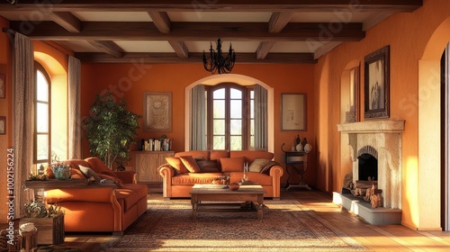 Wallpaper Mural Living room with rustic wooden beams, warm terracotta tones, and classic Mediterranean decor. Torontodigital.ca