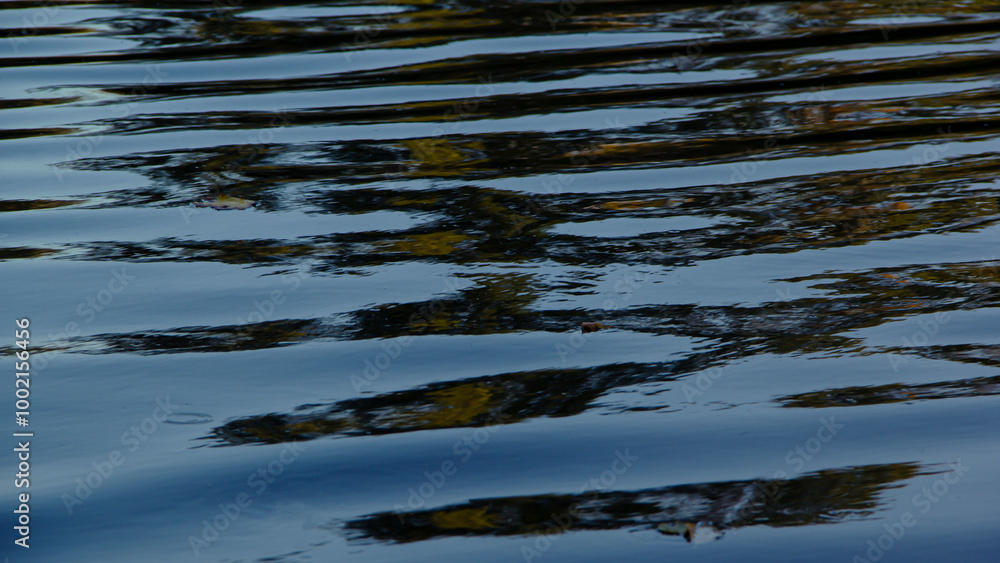 Obraz premium Dark blue lake water with reflection and iridescent patterns