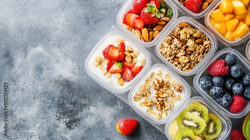 Flat lay of healthy breakfast boxes featuring a mix of fresh fruits, nuts, and yogurt parfaits, with room for text.