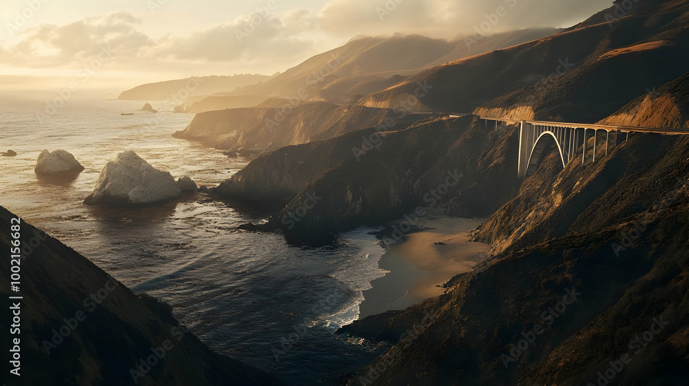 Obraz premium Stunning Coastal Landscape with Bridge and Sunset Sky