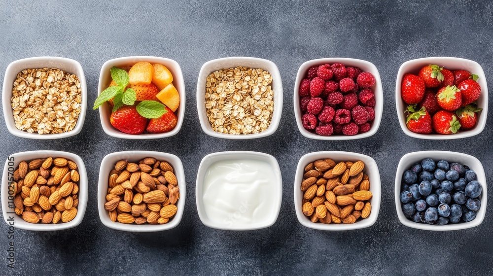 Flat lay of healthy breakfast boxes with fresh fruit, nuts, and yogurt, arranged neatly with copy space in the middle. Flat lay of healthy breakfast boxes with fresh fruit, nuts, and yogurt, arranged neatly with copy space in the middle.