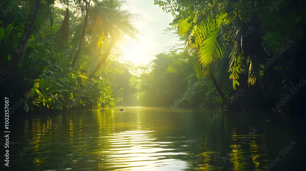 Tranquil Tropical River Scene with Sunlight Through Trees Tranquil Tropical River Scene with Sunlight Through Trees