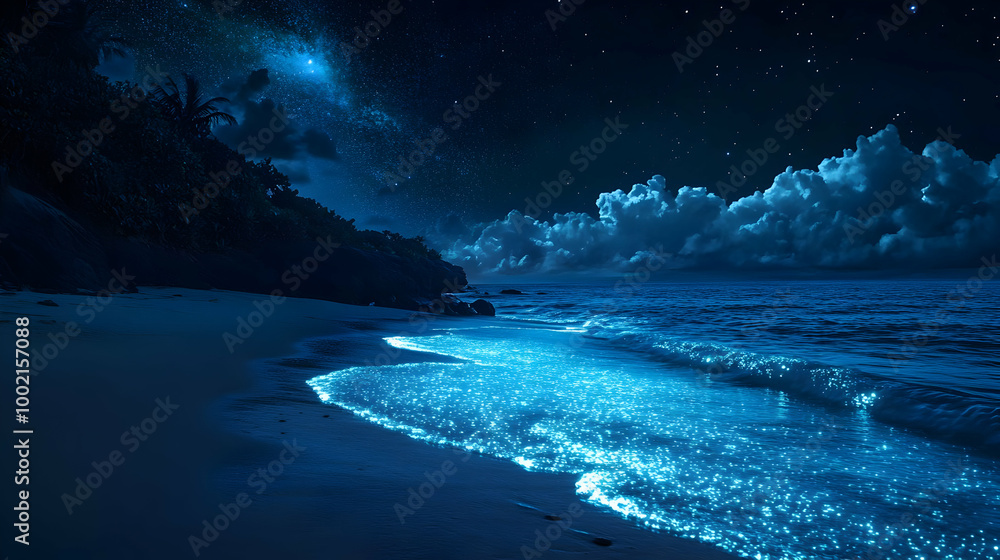 Stunning Night Photography of a Tropical Beach with Glowing Ocean Waves Stunning Night Photography of a Tropical Beach with Glowing Ocean Waves