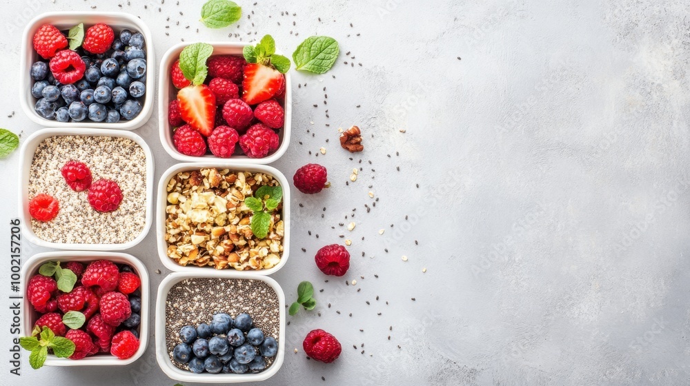 Flat lay of healthy breakfast boxes with quinoa, chia seeds, and fresh berries, offering space for a message or text in the center. Flat lay of healthy breakfast boxes with quinoa, chia seeds, and fresh berries, offering space for a message or text in the center.