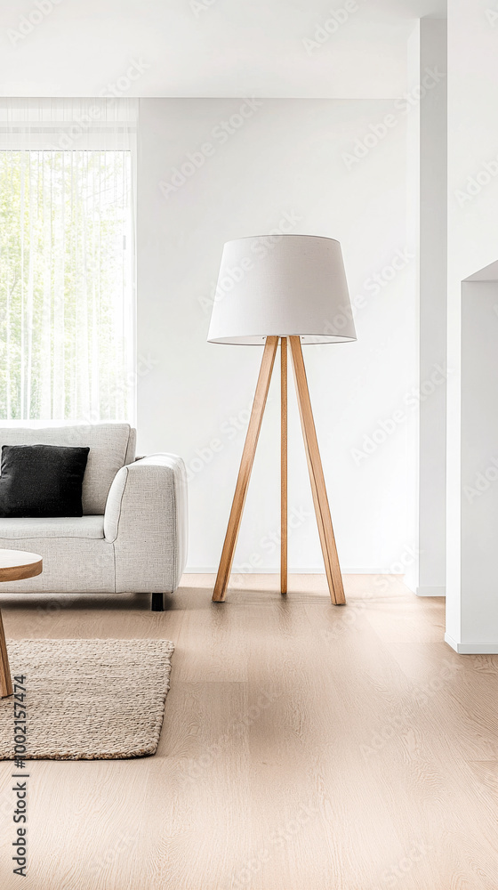 Obraz premium Modern living room interior featuring a stylish floor lamp, plush sofa, and natural light streaming through large windows