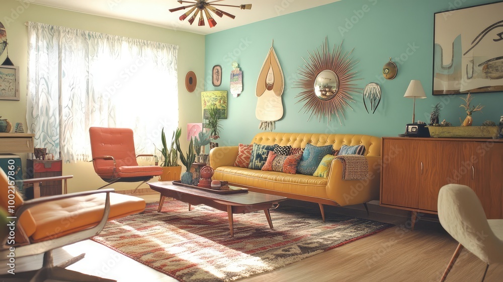 Fototapeta premium Living room with retro furniture, bold patterns, and a fun, eclectic color scheme.