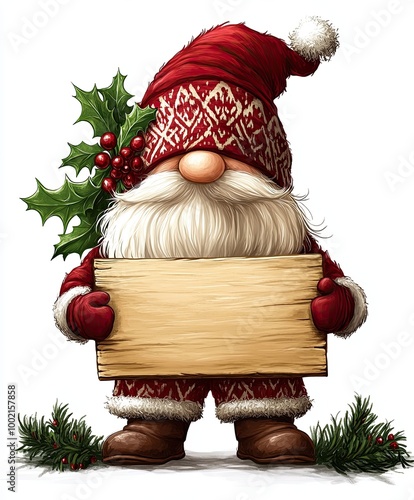 Christmas Gnome Holding Blank Wooden Sign, Festive Christmas gnome with a red patterned hat and holly, holding a blank wooden sign, perfect for holiday messages or greetings.

