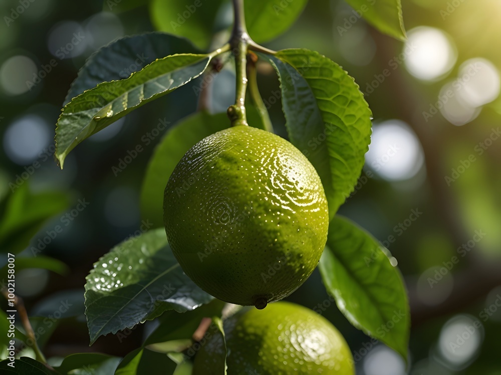 Fresh Green Lime Hanging On Tree Branch With Leaves Fresh Green Lime Hanging On Tree Branch With Leaves