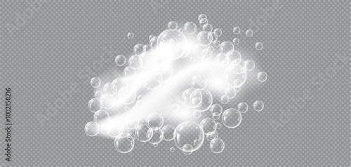 Realistic soap foam with bubbles vector illustration, white froth mass of small bubbles formed on liquid by agitation