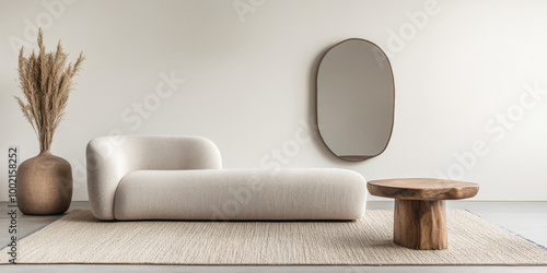 Modern minimalist living room arrangement featuring a sculptural couch, wooden accent table, and a decorative mirror on a neutral backdrop photo