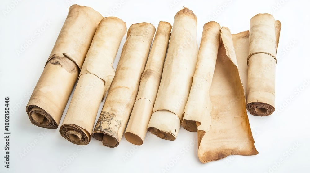 Ancient Scrolls Collection on White Background - Historical Manuscripts and Antique Documents Ancient Scrolls Collection on White Background - Historical Manuscripts and Antique Documents