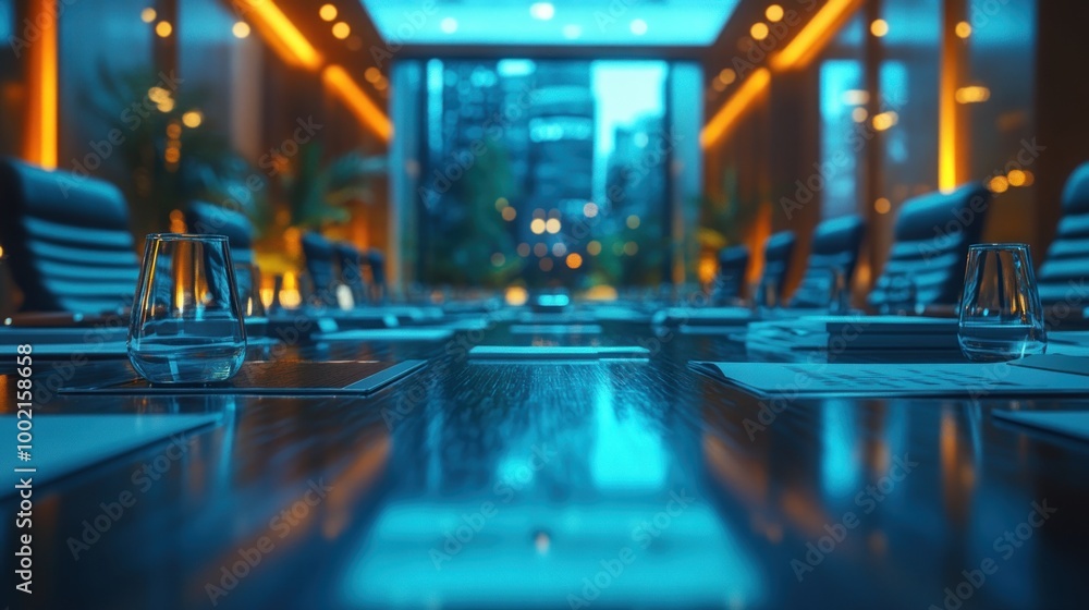 Modern conference room with a sleek design and city view. Modern conference room with a sleek design and city view.