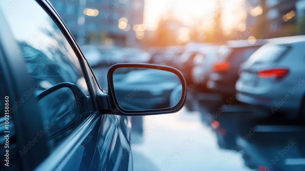 Close-up of a car side mirror reflecting a vibrant sunset in an urban parking lot filled with vehicles. Close-up of a car side mirror reflecting a vibrant sunset in an urban parking lot filled with vehicles.