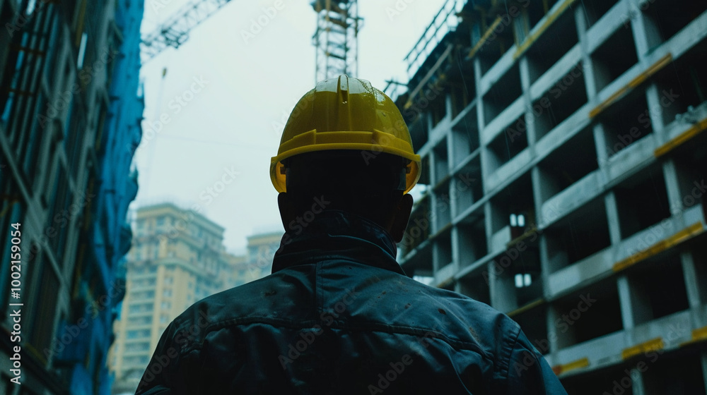 Construction worker monitors site amid towering structures Construction worker monitors site amid towering structures