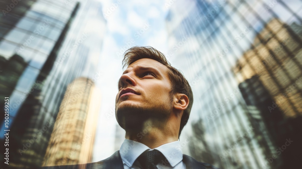 Fototapeta premium A confident businessman gazes upward amidst towering skyscrapers, embodying ambition and determination against a backdrop of modern architecture.