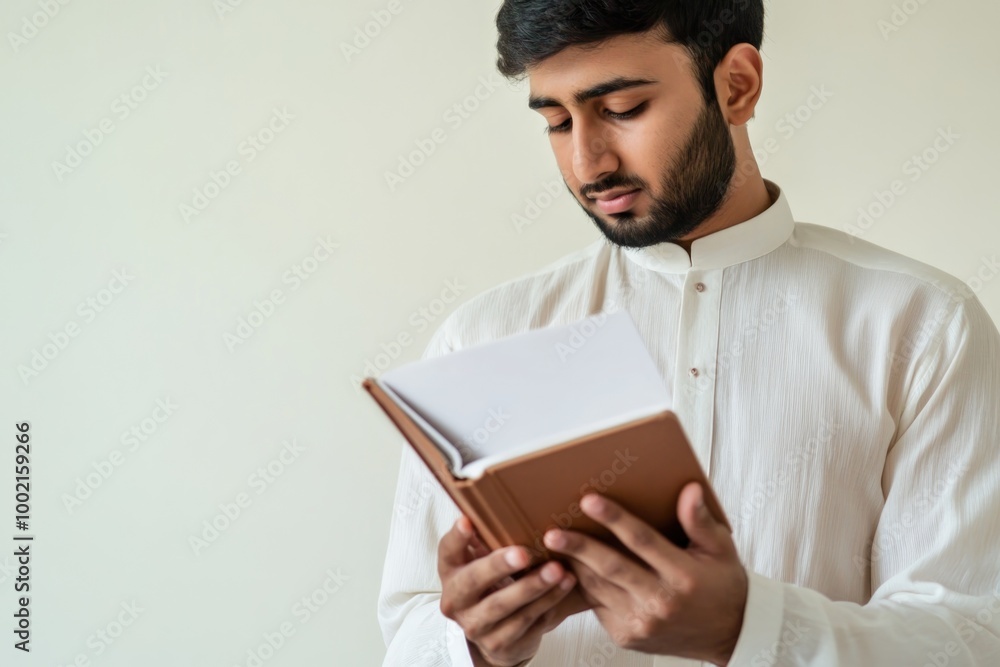Young South Asian Man in Traditional Attire Reading a Book - Concept of Knowledge and Cultural Heritage Young South Asian Man in Traditional Attire Reading a Book - Concept of Knowledge and Cultural Heritage