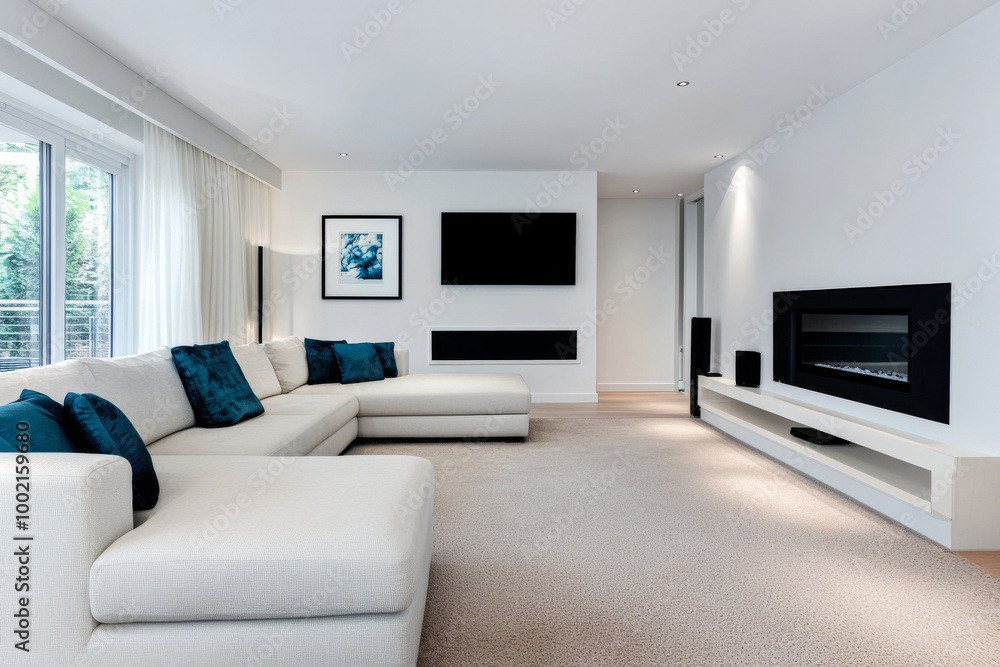 Modern living room design featuring a white sectional sofa and sleek fireplace in a stylish home interior during daylight hours Modern living room design featuring a white sectional sofa and sleek fireplace in a stylish home interior during daylight hours