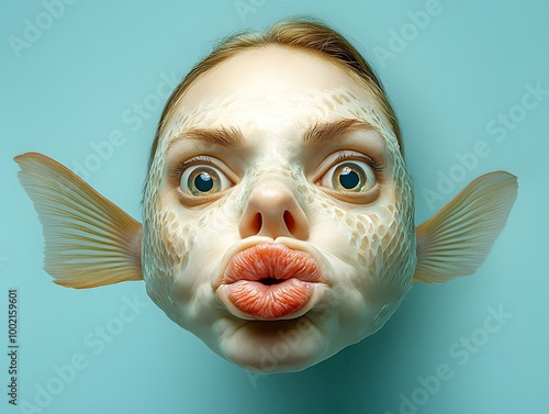 A woman making a fish face, with her lips puckered and cheeks sucked in, on a light blue solid background photo