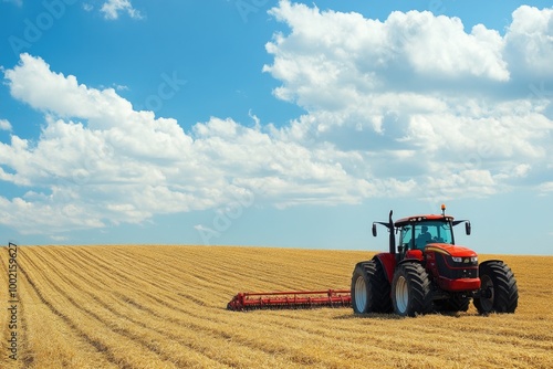 Red tractor in a field. Perfect for agricultural themes, farm equipment, and rural life.