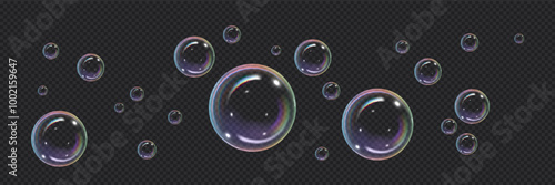 Vector graphics depicting a set of realistic soap bubbles on a transparent background